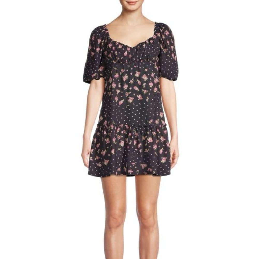 Betsey Johnson Black Polka Dot & Rose Print Mini Dress Size S | Cottagecore